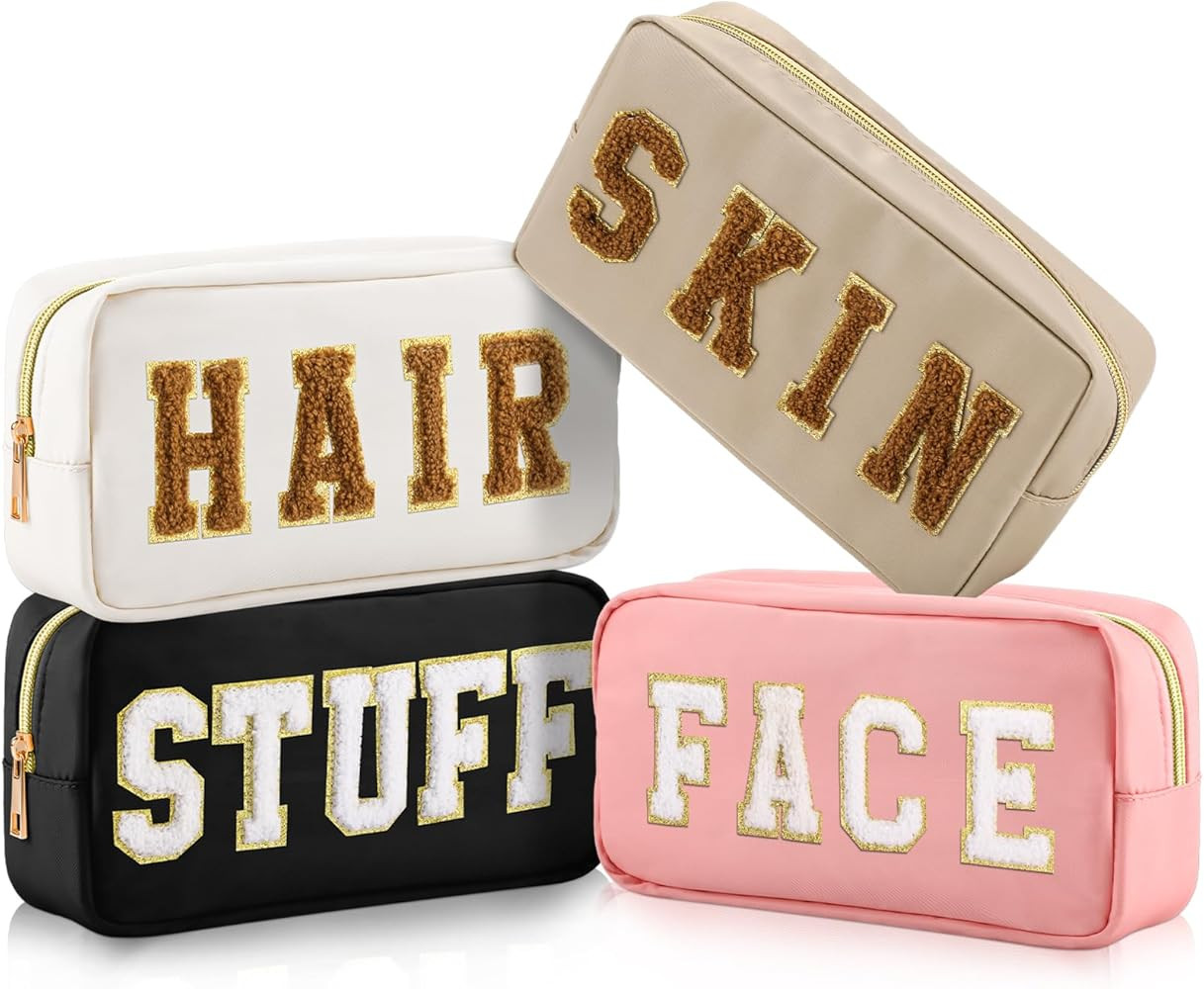 Cunno 4 Pcs Preppy Makeup Bags Chenille Letter Stuff Bag Nylon Cosmetic Pouch Cases with Zipper f... | Amazon (US)