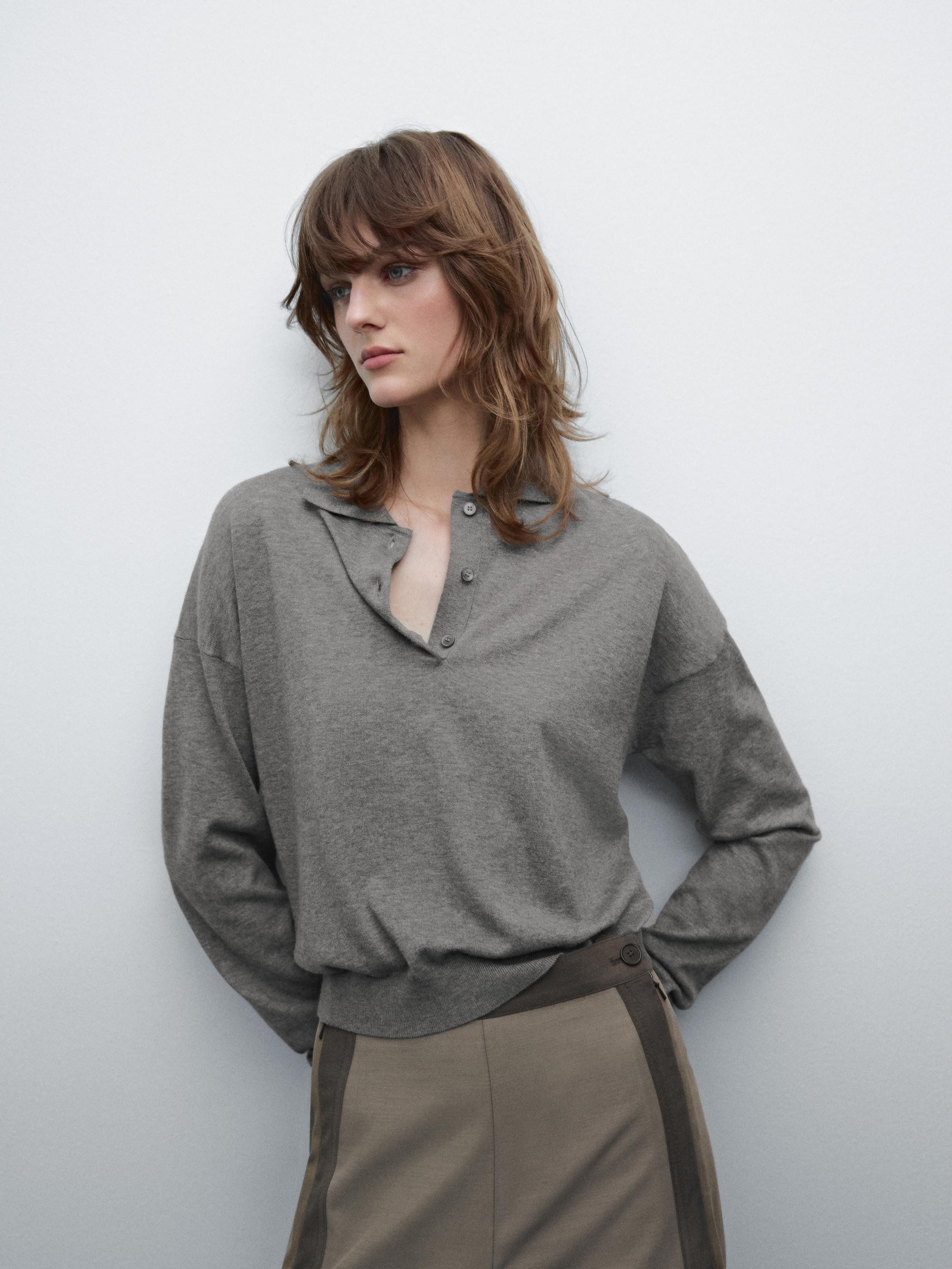 Cotton blend knit polo sweater | Massimo Dutti UK