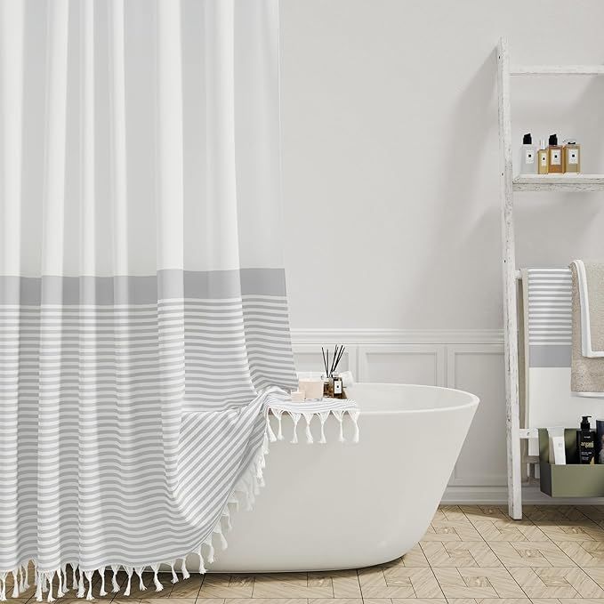 Dynamene Grey Fabric Shower Curtain, Farmhouse Boho Striped Tassel Shower Curtains for Bathroom, ... | Amazon (US)