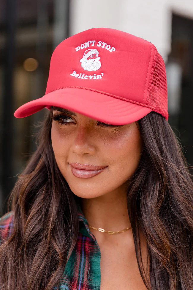 Dont Stop Believin Red Trucker Hat | Pink Lily