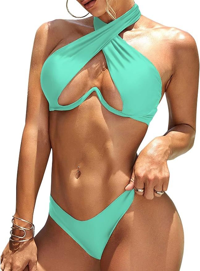 Lilosy Sexy Cute Underwire Cutout Halter Bikini Swimsuit Set Women Criss Cross Bathing Suit 2 Pie... | Amazon (US)