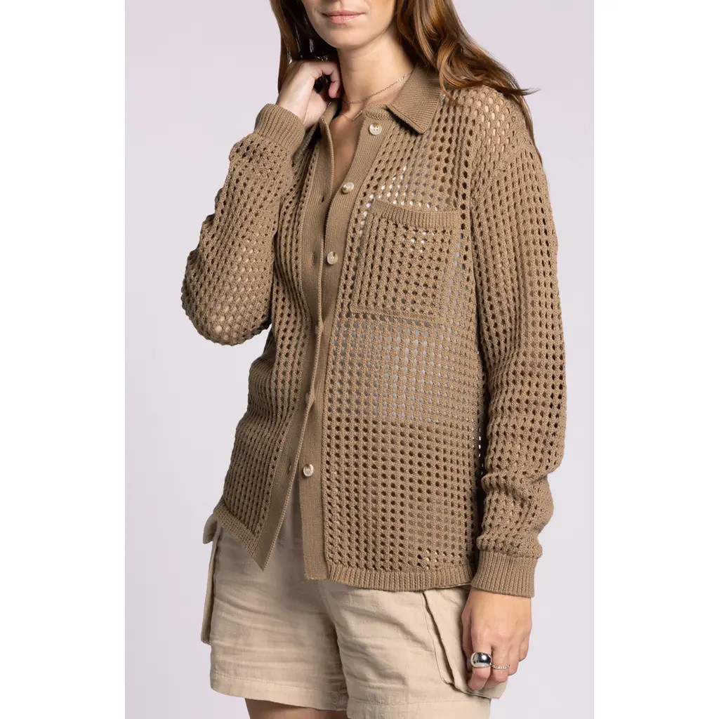 Thread & Supply Shoshana Openwork Cotton Cardigan in Oak at Nordstrom, Size Large | Nordstrom