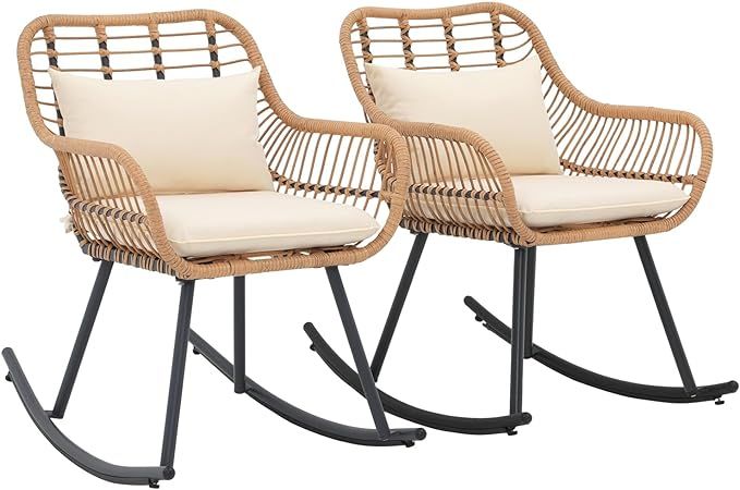 JOIVI Outdoor Wicker Rocking Chairs Set of 2, Patio Rattan Rocking Chairs with Pillows and Cushio... | Amazon (US)