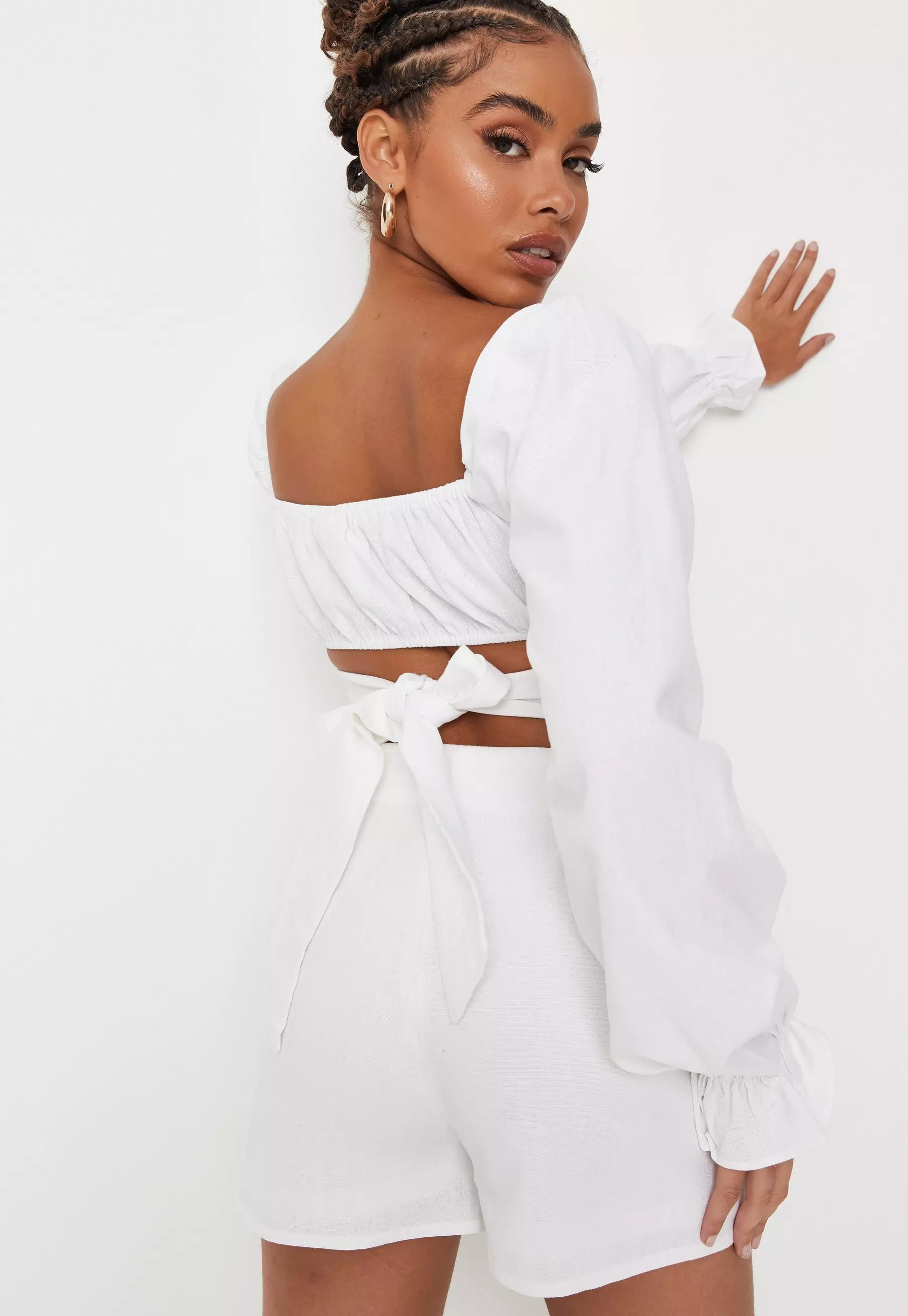 White Co Ord Milkmaid Linen Mix Crop Top | Missguided (US & CA)