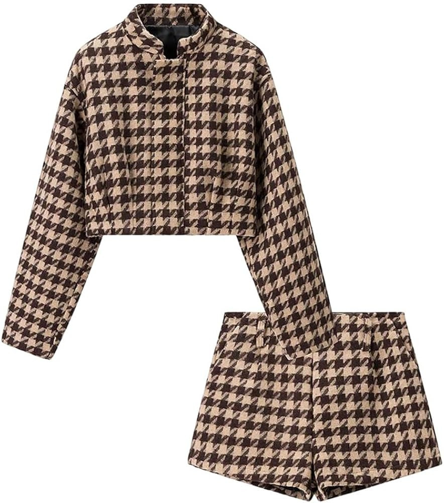 Women's Spring Set Fashionable Plaid Jacket with Long Sleeve and Shorts for Versatile Looks | Amazon (US)