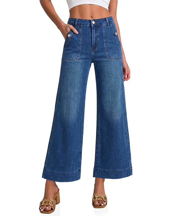 Flowyair Womens Baggy Cropped Jeans Flare Wide Leg High Waisted Denim Pants | trendy casual, summ... | Amazon (US)