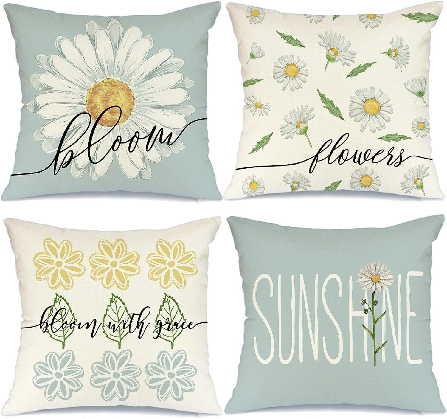 Spring Summer Pillow Covers 18x18 Set of 4 Farmhouse Summer Spring Decor Daisy Bloom Floral Blue ... | Amazon (US)