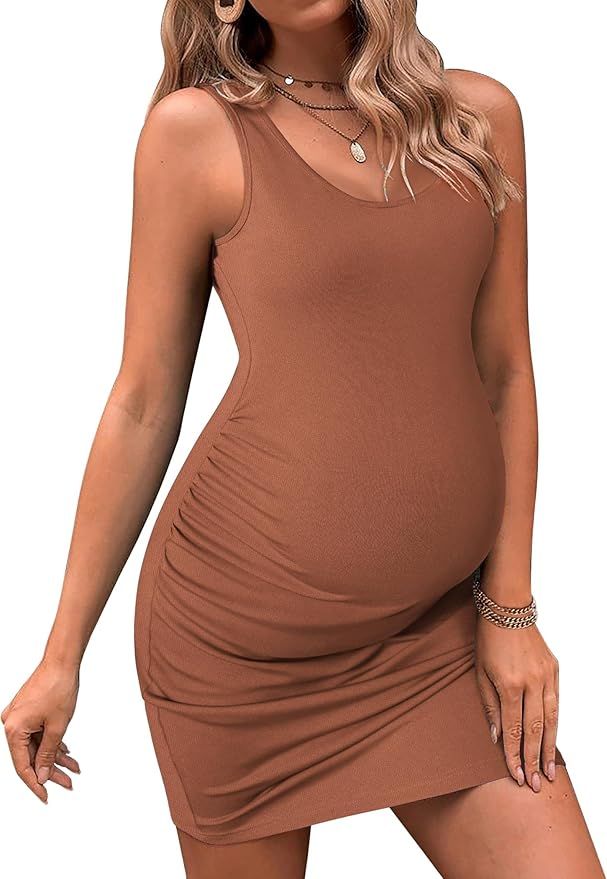 Ekouaer Womens Summer Maternity Dress Side Ruching Sleeveless Bodycon Dress Cute Pregnancy Dress ... | Amazon (US)