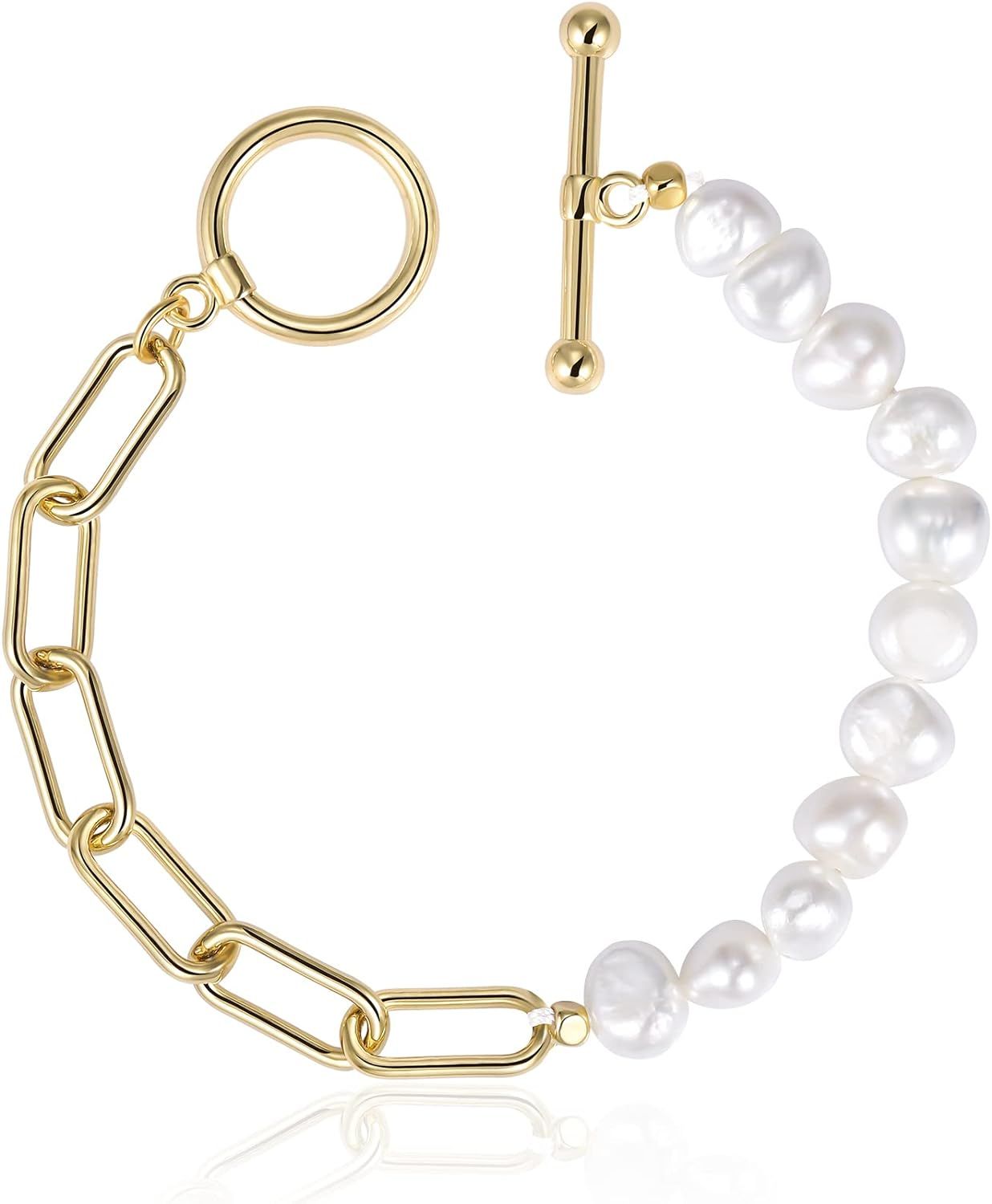 Cowlyn Paperclip Pearl Bracelet Baroque Culture Link Chain 18K Gold Plated Dainty Handmade Bangle... | Amazon (US)