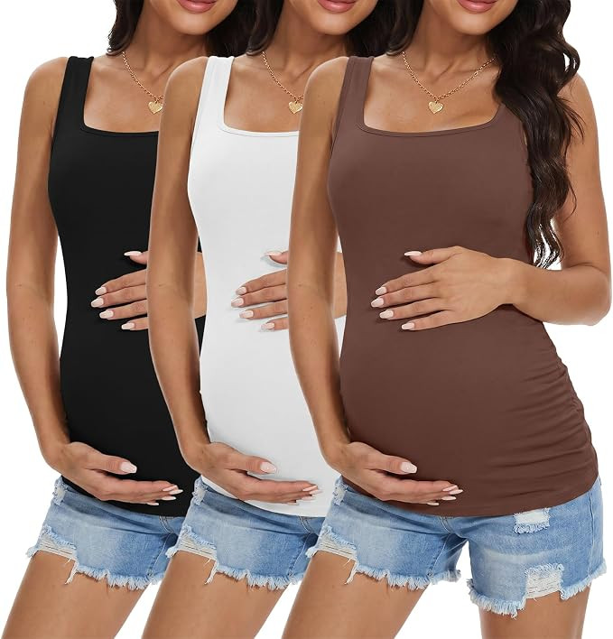 Ekouaer Maternity Tank Tops 3 Pack Square Neck Pregnancy Shirts for Women Summer Ruched Side Slee... | Amazon (US)