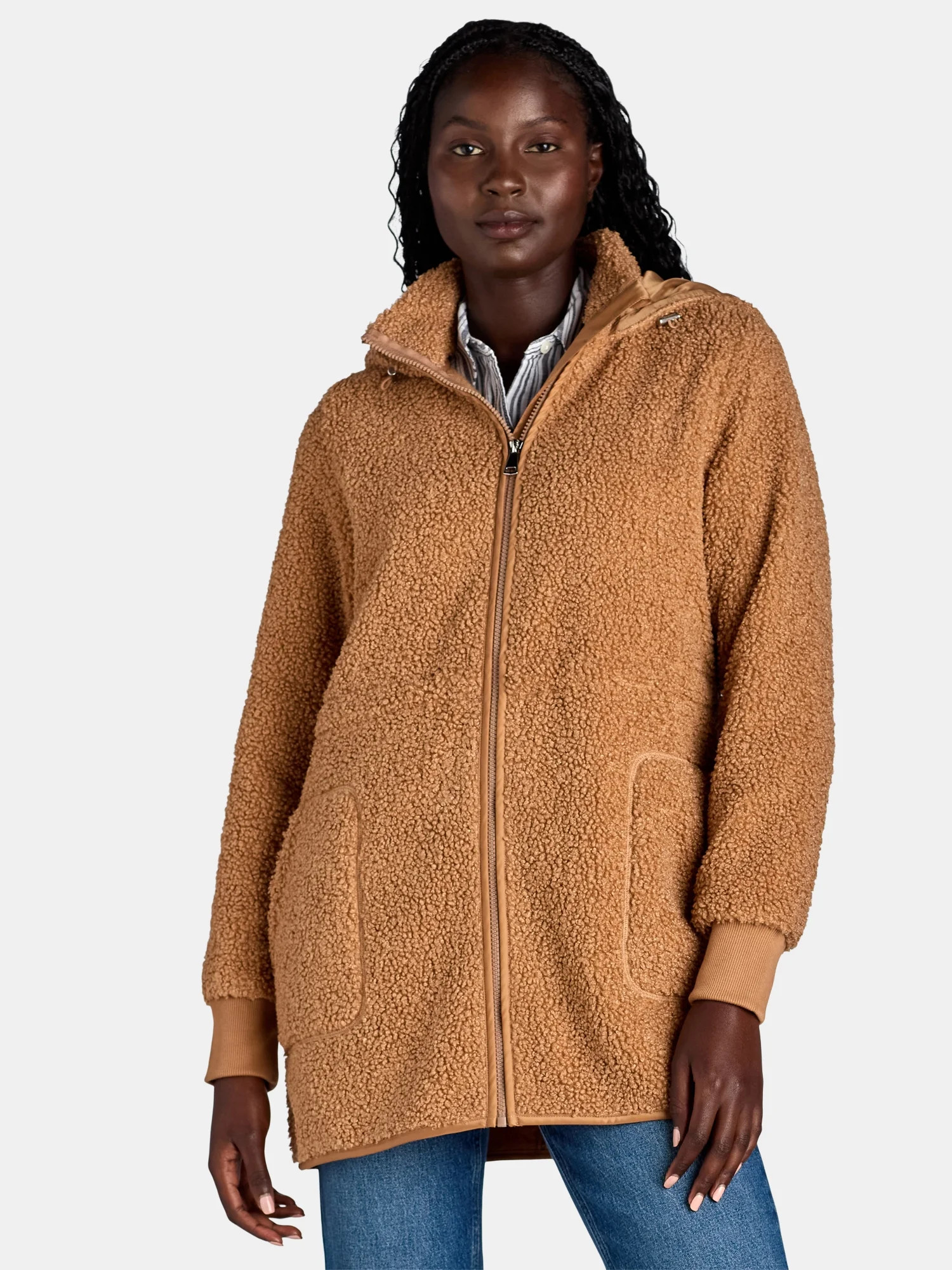 Time and Tru Women’s and Women’s Plus Faux Shearling Zip Hoodie Jacket, Midweight, Sizes S-3X | Walmart (US)