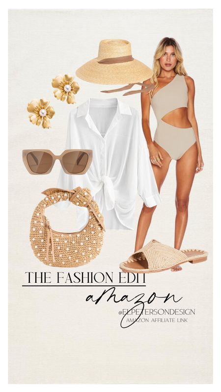 Bathing suit
Swimsuit shirt cover up
Straw purse
Sunglasses
Sandals
Earrings

#LTKstyletip