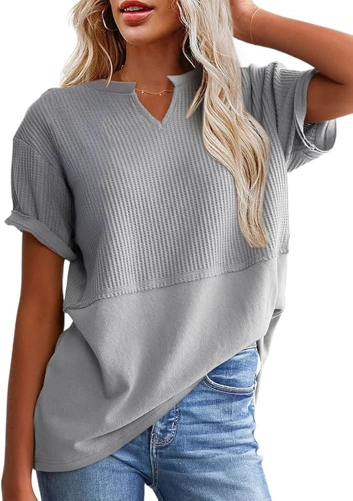 SHEWIN Womens Casual V Neck Waffle Knit Tops Short Sleeve T Shirts Loose Blouses | Amazon (US)