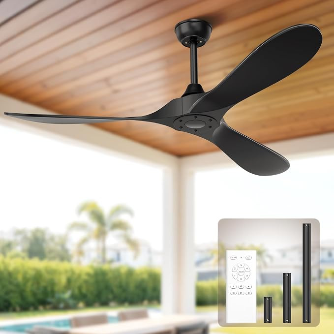 Obabala Black Outdoor Ceiling Fan, 52 in Ceiling Fans No Light with Remote Control, 3 Blades, 6 S... | Amazon (US)