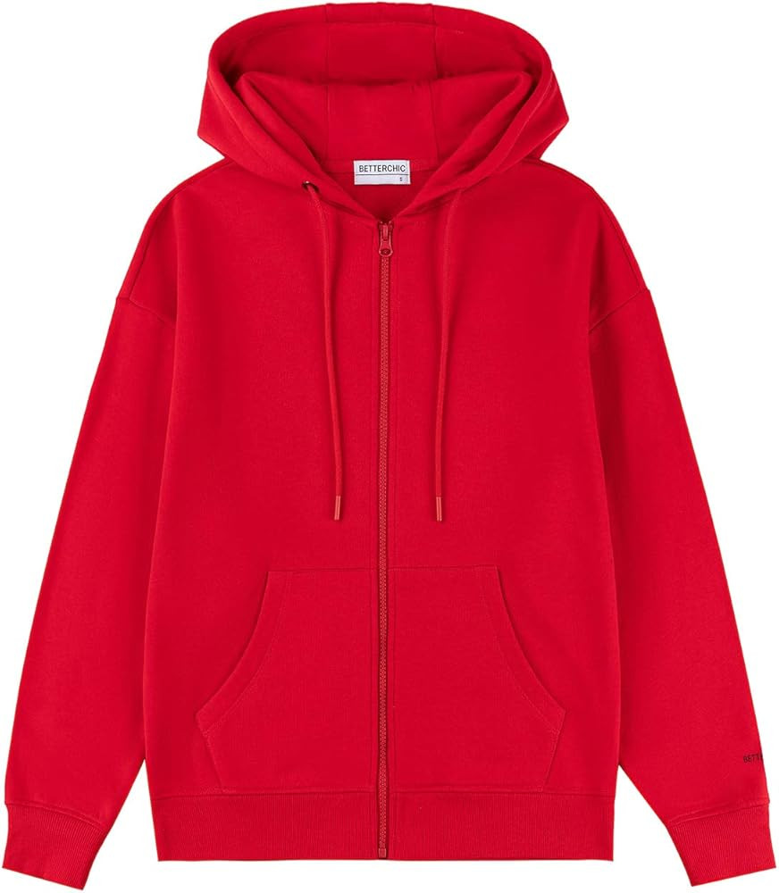 BETTERCHIC Women's Hooded Sweatshirt Casual Soft Brushed Fleece Hoody Drop Shoulder Full Zip Up H... | Amazon (US)