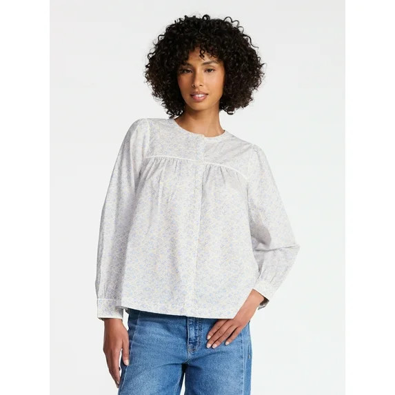 Time and Tru Women's Embroidered Cotton Button Front Shirt with Long Sleeves, Sizes XS-XXXL | Walmart (US)