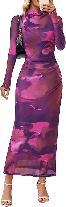 MEROKEETY Women's Long Sleeve Fall Wedding Guest Dress 2025 Bodycon Floral Mesh Ruched Cocktail M... | Amazon (US)