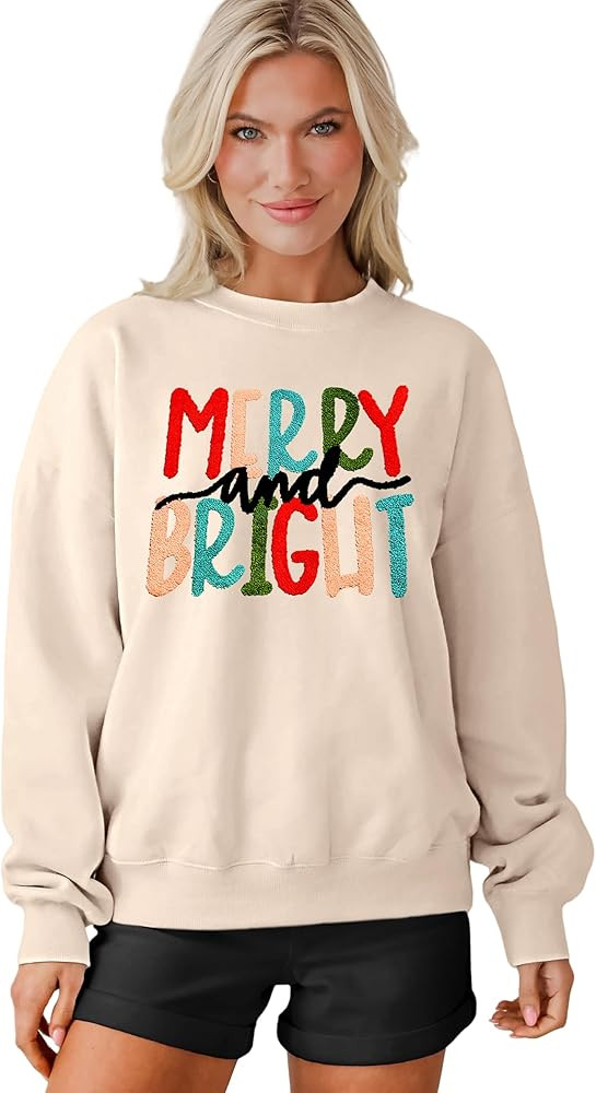 MAPICK Christmas Sweatshirt for Women Merry and Bright Embroidery Sweaters Crewneck Fleece Linend... | Amazon (US)