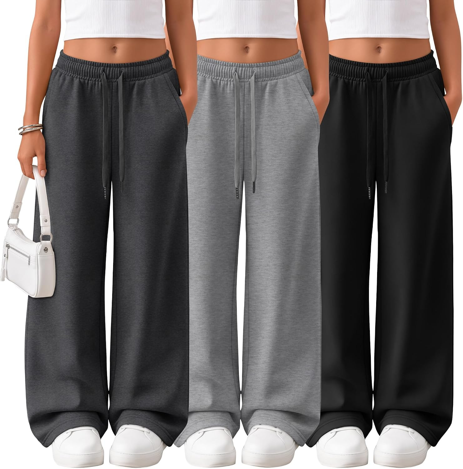 3Pcs Girls Wide Leg Sweatpants with Pockets Drawstring | Amazon (US)