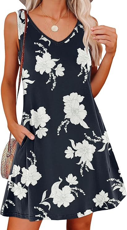 ANRABESS Summer Dress for Women，V Neck Sleeveless Sundress，Loose Fit，Soft Travel Vacation O... | Amazon (US)