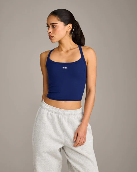 Mellow™ Rib Racer Back Mid Tank Top with Built in Bra Shelf 
 Varsity Blue | Oner Active (UK / US)