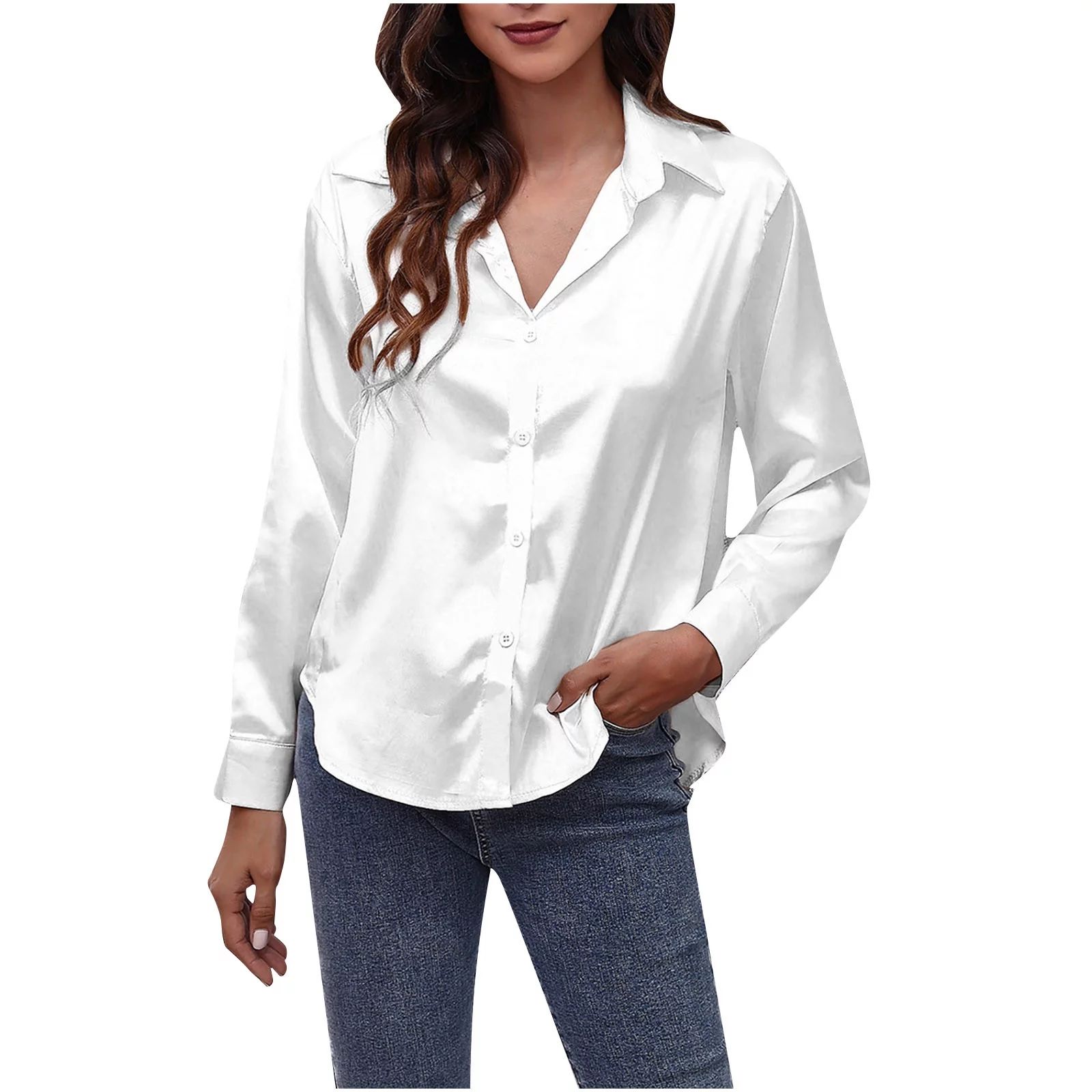 Women's Satin Silk Long Sleeve Button Down Collared Shirt Formal Work Blouse Top Casual Solid Shi... | Walmart (US)