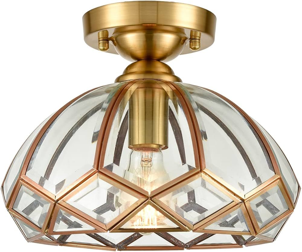 SAMTEEN Gold Semi Flush Mount Ceiling Light Modern Brass Glass Ceiling Light Fixtures with Dome S... | Amazon (US)