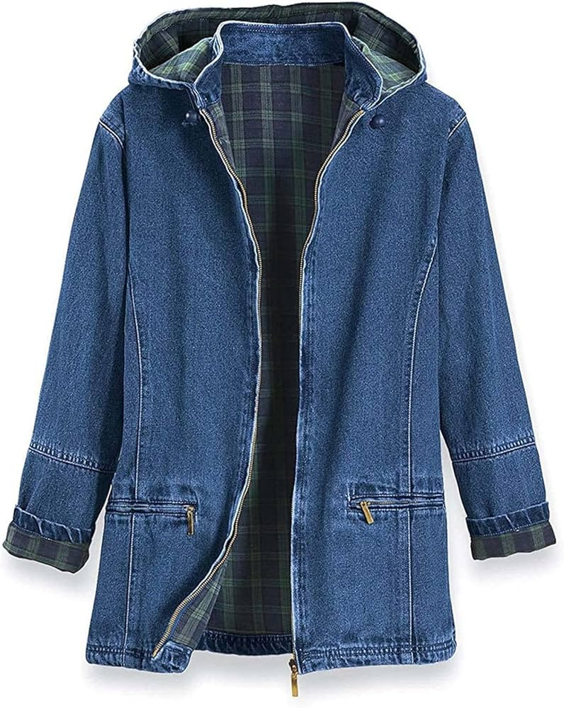 PGI Traders Women’s Flannel Lined Denim Jacket | Detachable Hood | Zip Front and Side Pockets |... | Amazon (US)