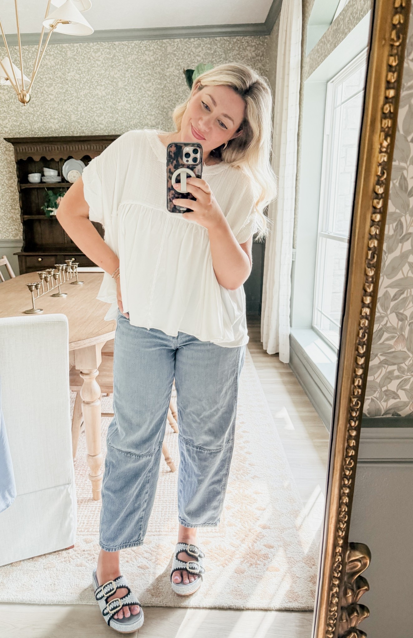 Love these barrel jeans from loft! I sized down! Shoes true to size and the top I found at Altard state! 

THEBLOOMINGNEST sandals jeans 

#LTKMidsize #LTKSaleAlert #LTKSeasonal
