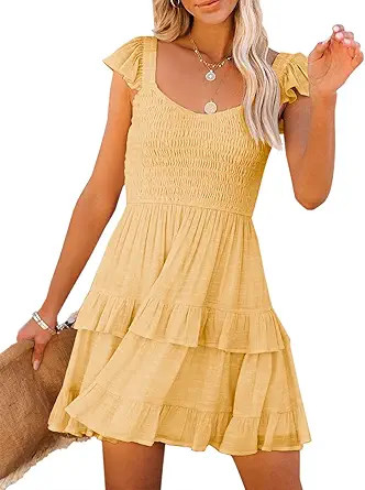 Fessceruna Womens Summer Ruffle Dresses Elastic Empire Waist A-line Layered Swing Flowy Mini Dres... | Amazon (US)