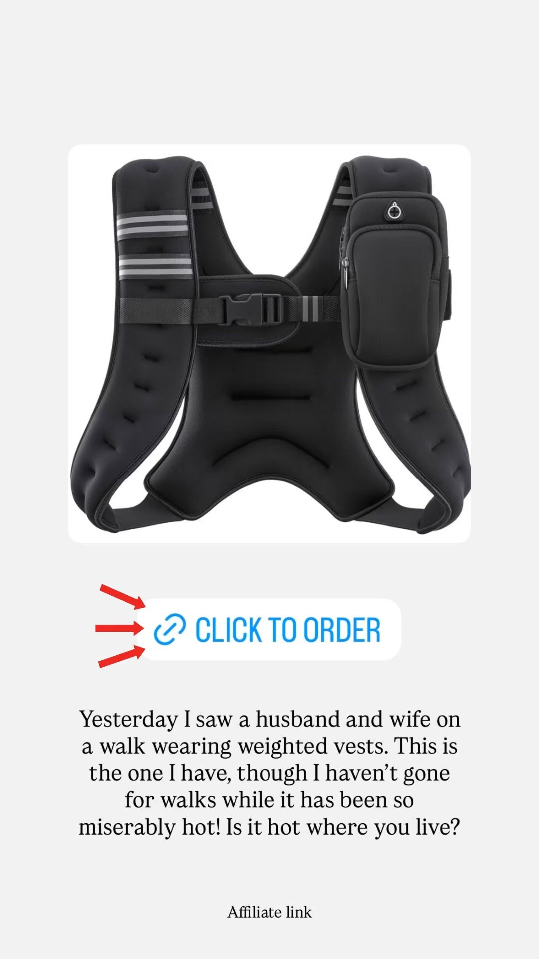 Yesterday I saw a husband and wife on a walk wearing weighted vests. This is the one I have, though I haven’t gone for walks while it has been so miserably hot! Is it hot where you live?

#LTKdayinmylife #LTKfitnessgoals #LTKActive