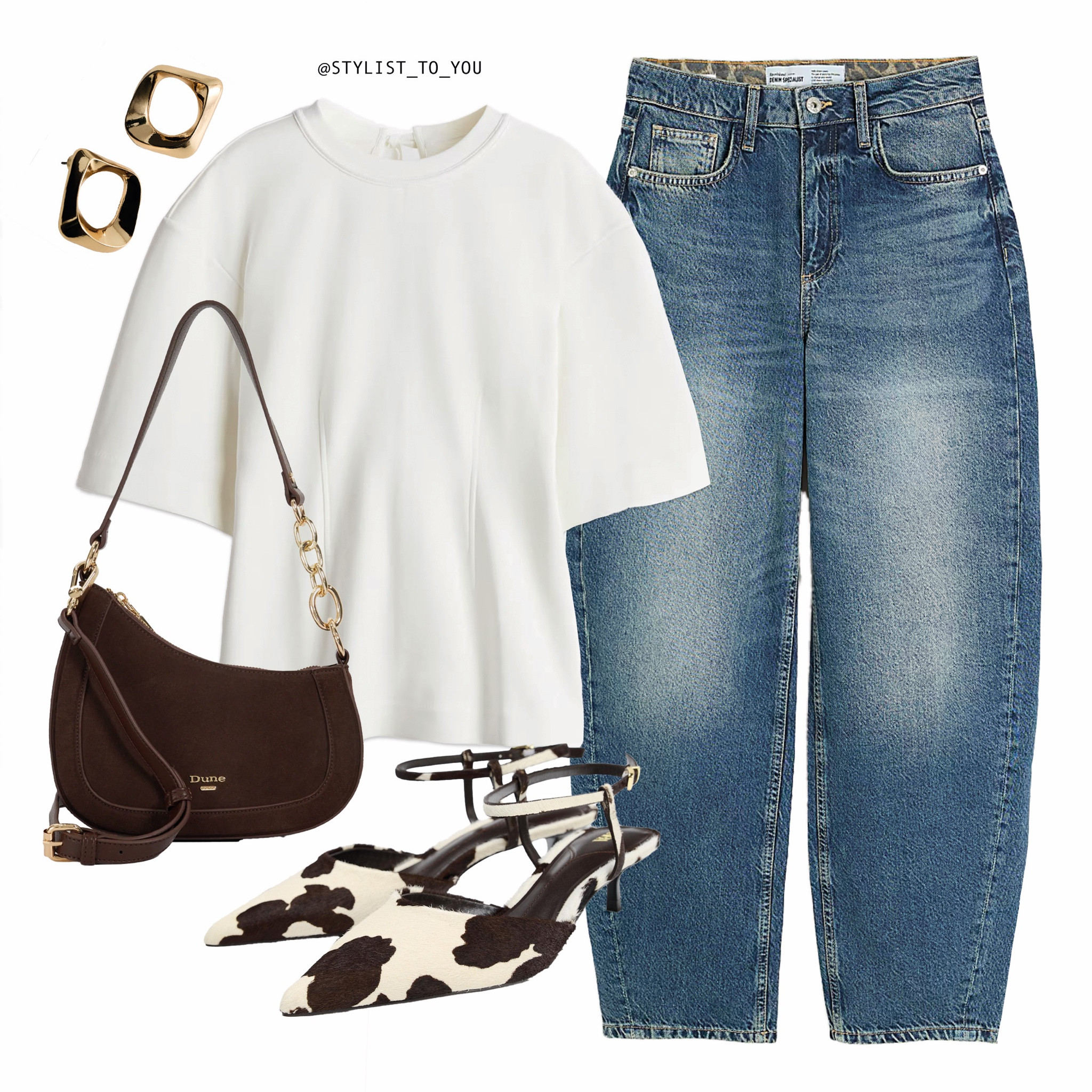 Moo-ve over leopard, cow print is taking center stage! 🐄

A stylish and casual outfit flat lay featuring a boxy white short-sleeve top paired with high-waisted medium-wash blue jeans. Accessories include gold geometric earrings, a brown suede shoulder bag with gold hardware, and pointed cow-print slingback heels. The look blends classic denim with playful patterns and elegant accessories for a chic everyday vibe. effortless style, casual chic, denim look, elevated basics, cow print shoes, versatile fashion, minimalist style, everyday outfit, contemporary style, timeless wardrobe, chic accessories, weekend wear, modern essentials, polished casual, trend-driven look, street style inspo, sophisticated casual, statement shoes, classic meets modern, fall fashion edit, elevated denim, minimalist chic, day-to-night look, casual elegance, stylish simplicity, versatile wardrobe, capsule collection, street-style essentials, clean aesthetic, playful patterns, denim trend.

#LTKuk #LTKeurope #LTKFashionMonth