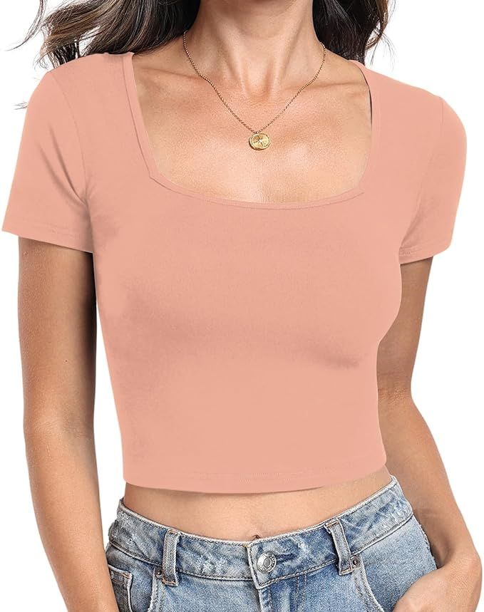Women's Short Sleeve Crop Top Square Neck Ribbed Silm Baby Tee Summer Fitted Basic T Shirts | Amazon (US)