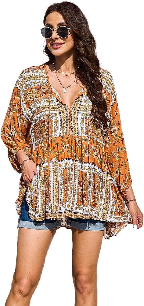Women Boho V-neck 3/4 Sleeves Tunic Top Relaxed Fit Casual Print Blouse | Amazon (US)