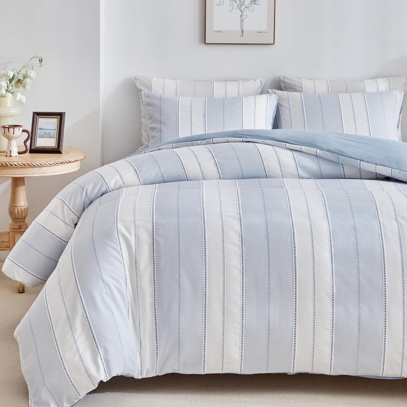 WARMDERN Blue Striped Weave Duvet Cover Queen Size, White Knit Boho Duvet Cover Set, Microfiber T... | Amazon (US)