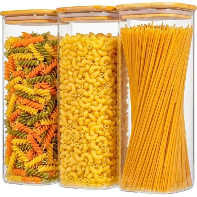 3-Pack， Square Glass Spaghetti Jars with Bamboo Lids ，Minimalist Kitchen Organizer,Scandinavian Style Storage,Nordic Style Storage,Food Storage Canist | Wayfair North America