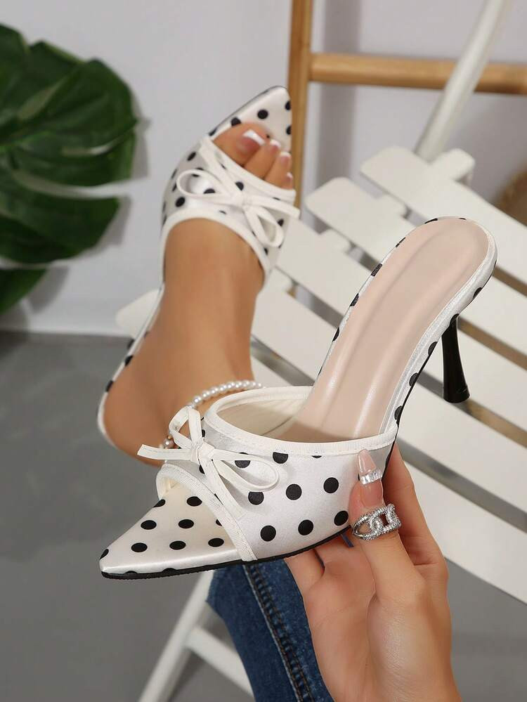 Fashionable Bow Tie Polka Dot Mule Shoes, Women's Pointed Toe Stiletto Slip-On Dress/Casual Shoes | SHEIN