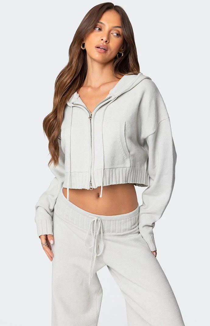Edikted Women's Russell Knit Hooded Cardigan in Light Gray - Size XL | PacSun