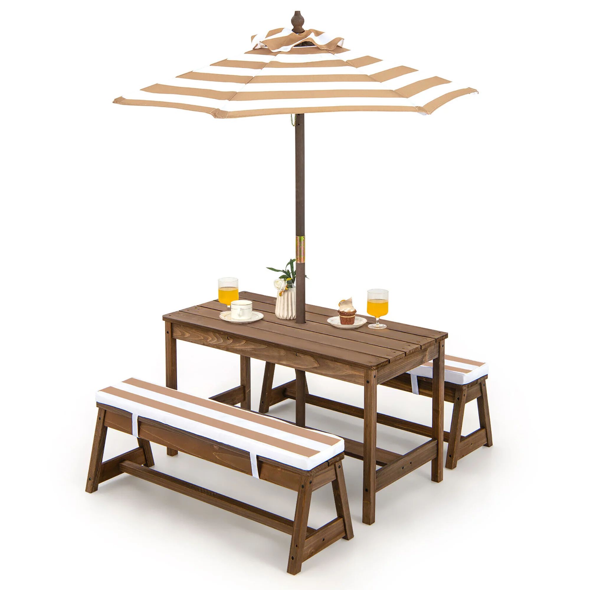 Gymax Kids Wood Picnic Table and Bench Set w/ Cushions Umbrella for Indoor Outdoor Brown | Walmart (US)