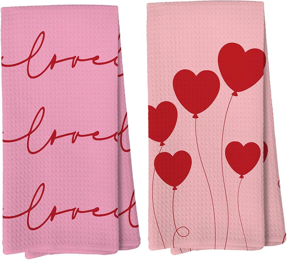 Liosei Valentines Day Kitchen Towels Dish Towels, Pink Love Hearts Valentine Hand Towels for Kitc... | Amazon (US)