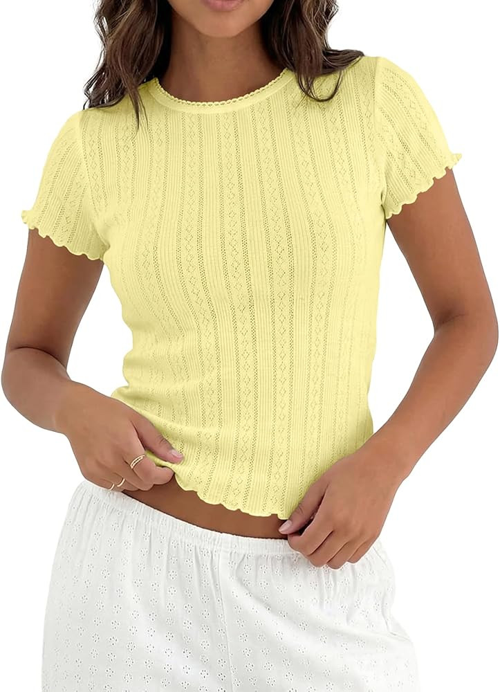BAIGRAM Women Cute Y2K Pointelle Crop Tops Lettuce Short Sleeve Crew Neck Tee Slim Fitted Tshirts... | Amazon (US)