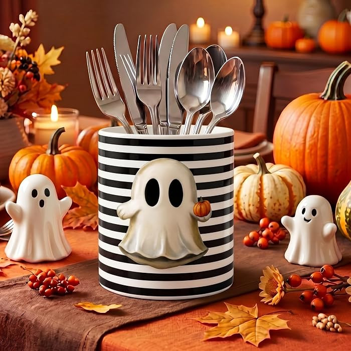 Halloween Ghost Utensil Holder - Black Striped Ceramic Utensil Crock for Kitchen Counter, Ghost S... | Amazon (US)