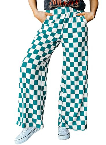 Acelitt Women's Casual Checkered Pants 2026 Spring Summer Lightweight Elastic Waist Comfy Loose Wide Leg Plaid Beach Pants Trousers Vacation Outfits Green Medium | Amazon (US)