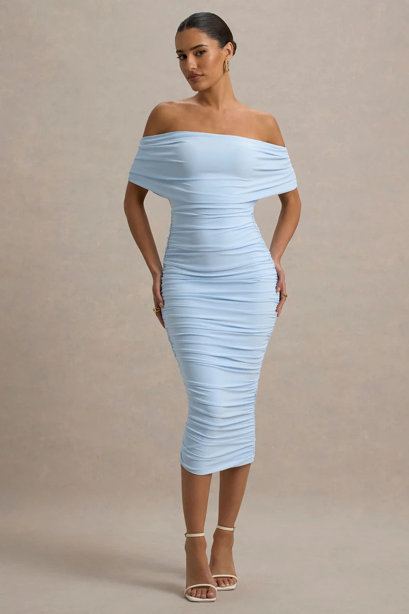 Rayleigh | Powder Blue Bardot Ruched Midi Dress | Club L London