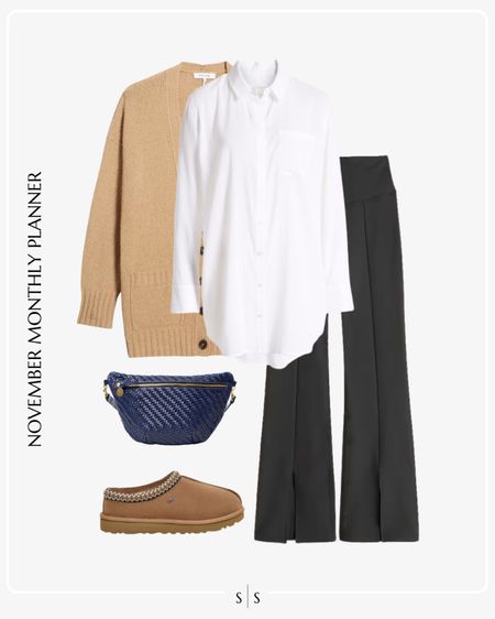 Monthly outfit planner: NOVEMBER Fall and Winter looks |  tan cardigan, white button up, split flare pant, Ugg slipper, grande fanny belt bag

See the entire calendar on thesarahstories.com ✨

#LTKstyletip