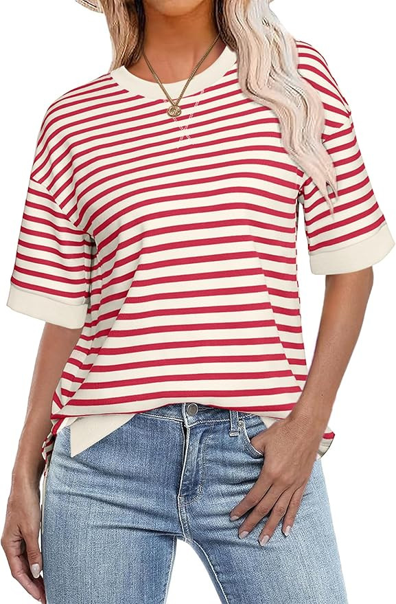 Glamaker Short Sleeve Lightweight Sweatshirt For Women Crewneck Striped Shirt Pullover Tops Loose... | Amazon (US)