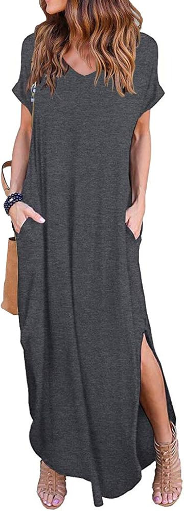 HUSKARY Women's Summer Maxi Dress Casual Loose Pockets Long Dress Short Sleeve Split Maxi Dresses | Amazon (US)