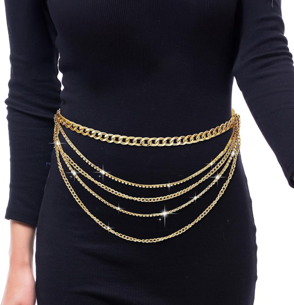 Molain Gold Layered Sparkly Rhinestone Chain Belt, Adjustable Bohemian Waist Belt Gold Rhinestone... | Amazon (US)
