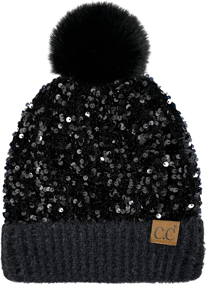 Funky Junque Winter Beanie for Women Sequin Faux Fur Chunky Knit Pom Pom Hat Skullcap Soft Warm F... | Amazon (US)