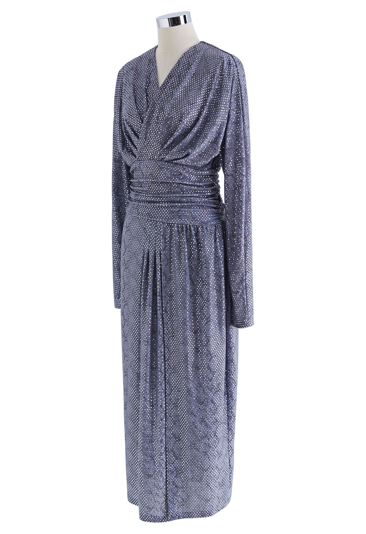 Sequined Snake Print Wrapped Slit Dress in Dusty Blue | Chicwish
